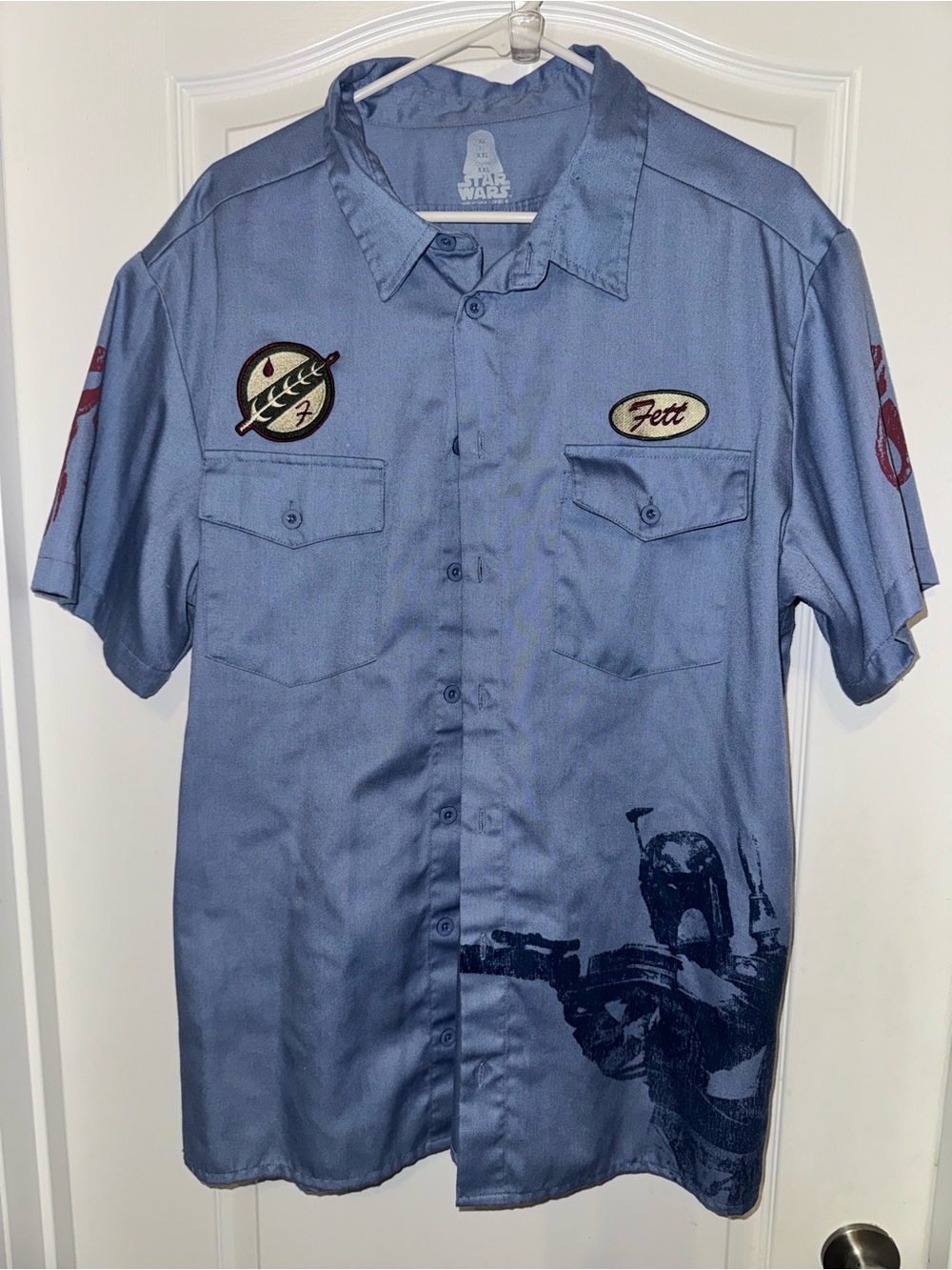 Star Wars Disney Mens Short Sleeve Work Shirt - Blue with Fett Name Patch